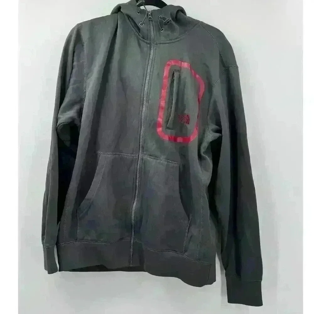 The North Face Men's Facemask Hooded Zip-Up‎ Gray Red Fleece Jacket Size Large